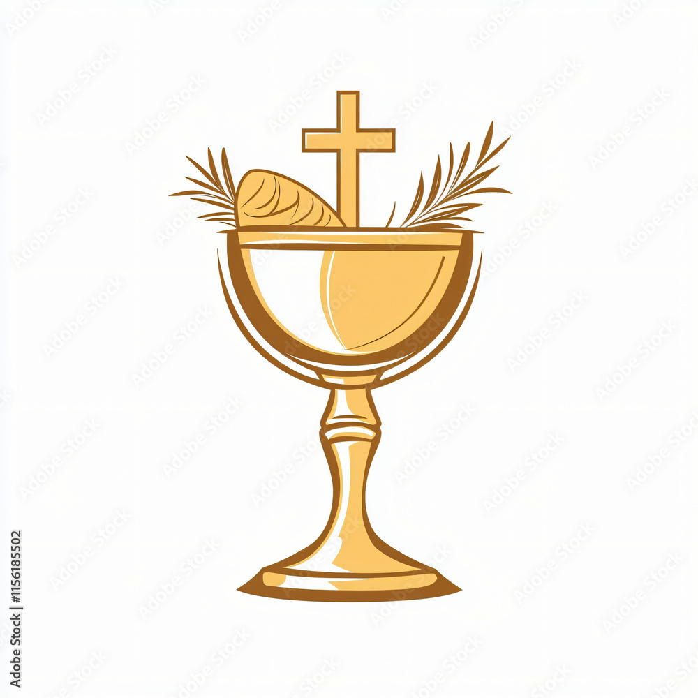Vector icon of a chalice with a small loaf of bread and a cross, representing communion, isolated on white background Vector icon of a chalice with a small loaf of bread and a cross, representing communion, isolated on white background