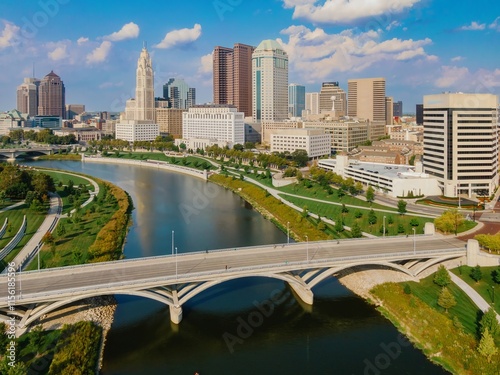 Aerial view of the Indianapolis skyline, White River, and a bridge. Urban landscape with modern architecture and parkland. SCIOTO RIVER, COLUMBUS, OHIO, UNITED STATES
