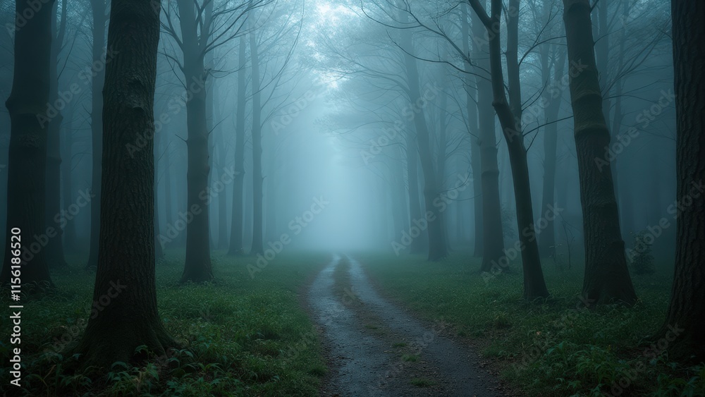 Naklejka premium Enchanted Forest Pathway: Misty Morning Mood