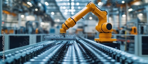 Wallpaper Mural Yellow robotic arm in factory with conveyor belt. Torontodigital.ca