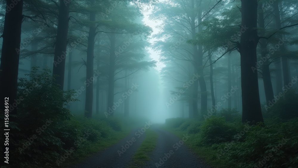 Fototapeta premium Enchanted Forest Road: Misty Pathway into the Unknown
