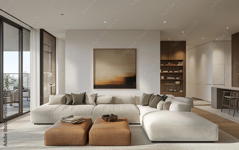 Modern minimalist living room with large sectional sofa, artwork, and natural light. Modern minimalist living room with large sectional sofa, artwork, and natural light.