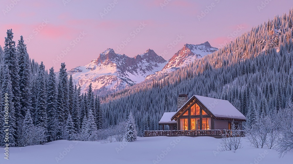 Cozy cabin in snowy mountain valley at sunrise. Cozy cabin in snowy mountain valley at sunrise.