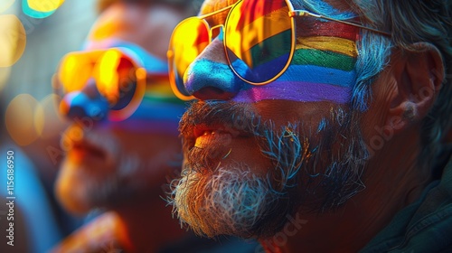 Close-up of a face painted with rainbow colors, reflecting pride and diversity through mirrored sunglasses, capturing the essence of a vibrant LGBTQ+ celebration. photo