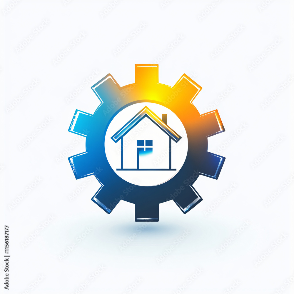 Vector logo of a gear combined with a sparkling house, isolated on white background Vector logo of a gear combined with a sparkling house, isolated on white background