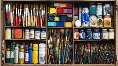 Art supplies organized in a wooden storage unit. photo