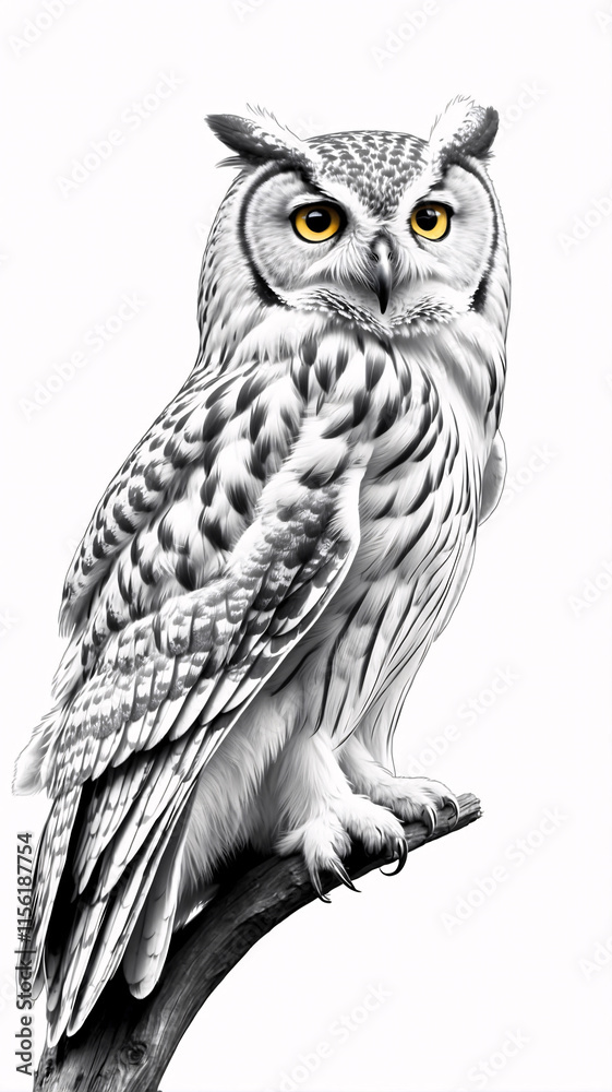 Fototapeta premium Stunning Black and White Owl Artwork Featuring Detailed Feather Sketch and Majestic Eyes