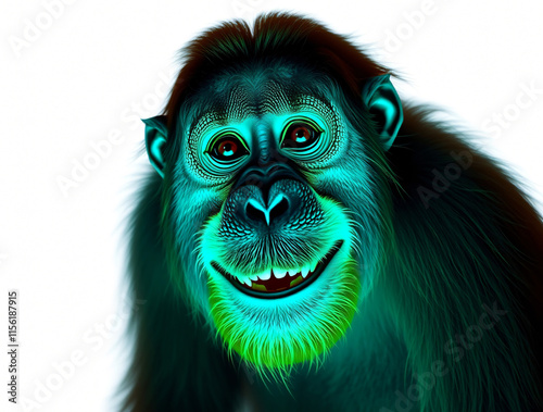 Vibrant Orangutan Portrait: A Teal and Green Masterpiece