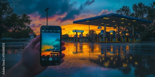 A hand holds a phone capturing a vibrant sunset above a gas station, with the wet pavement mirroring the stunning colors of the sky in a seamless reflection.