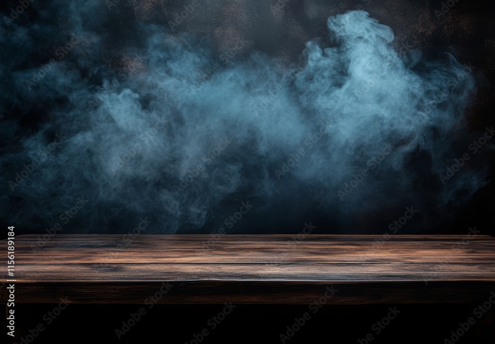Dark wooden table with smoky, mysterious blue background. Dark wooden table with smoky, mysterious blue background.