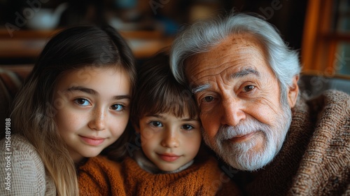 An elderly gentleman embraces two children, a girl and a boy, as they pose with cheerful expressions indoors, showcasing warmth and cherished family bonds. photo