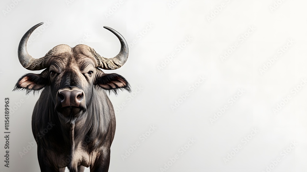 Naklejka premium Majestic Cape Buffalo Portrait Against Plain Background