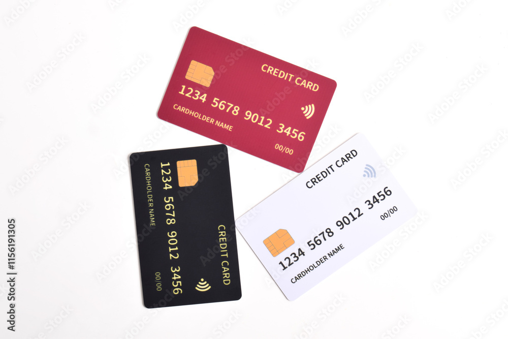 Three credit cards with chip on white background. Black, white, red credit cards Three credit cards with chip on white background. Black, white, red credit cards