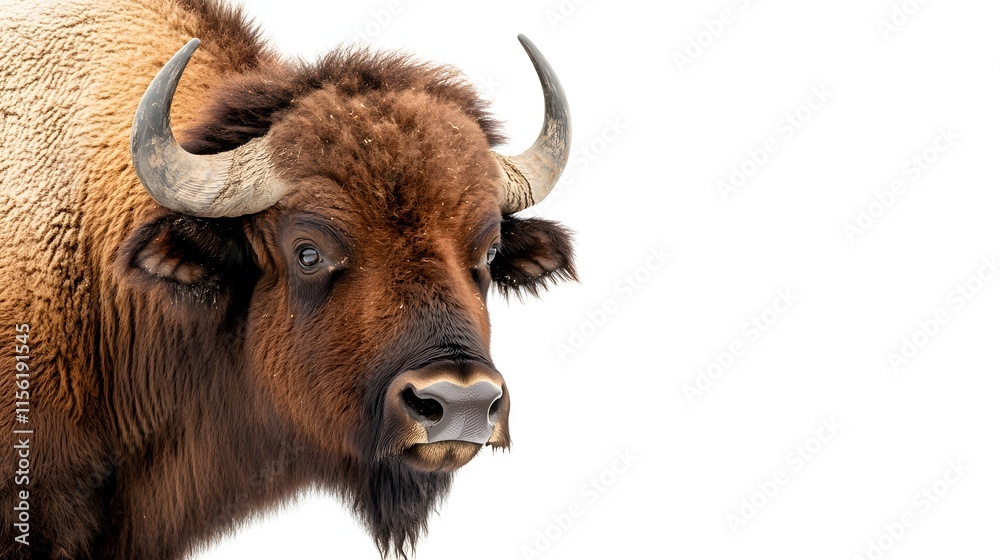 Majestic European Bison Portrait Against White Background Majestic European Bison Portrait Against White Background