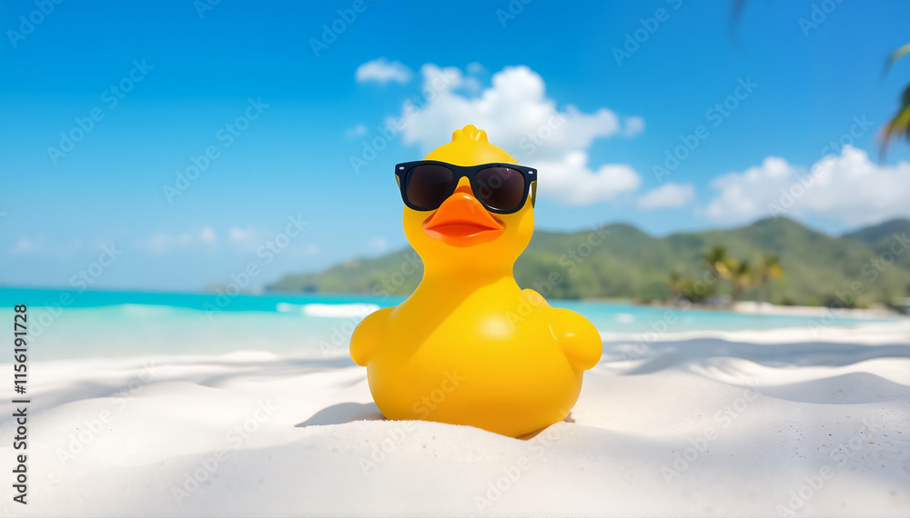 Obraz premium Yellow rubber duck wearing sunglasses on a sandy beach against a blue sky