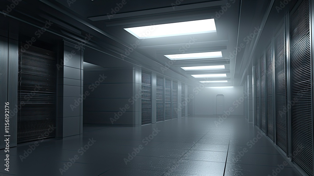 Modern server room corridor with rows of data storage racks and bright ceiling lights. Modern server room corridor with rows of data storage racks and bright ceiling lights.
