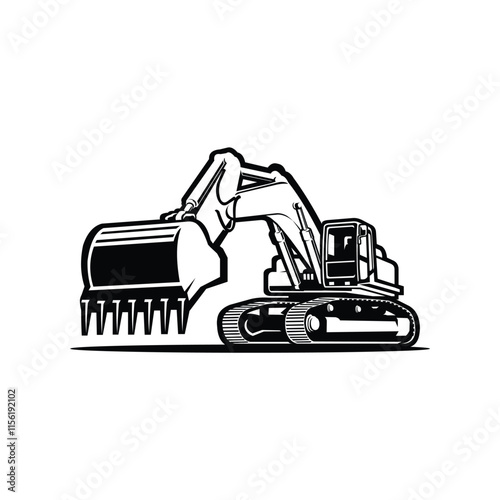 Excavator Vector Art Illustration Isolated. Monochrome Silhouette of Excavator in White Background