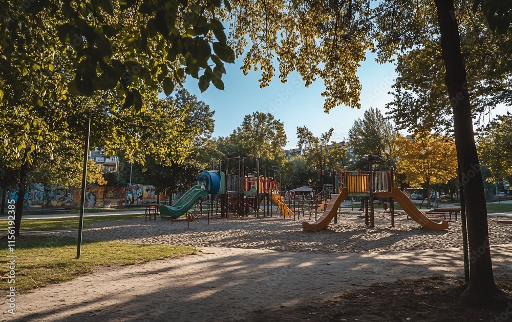 Sunny playground in a park with slides, climbing frames, and trees. Sunny playground in a park with slides, climbing frames, and trees.