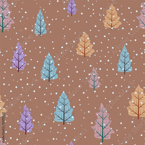 Snow covered winter forest seamless pattern on mocha brown color background. Fir spruce trees landscape of different pastel colors in snowfall. Merry Christmas, New Year holiday design. 