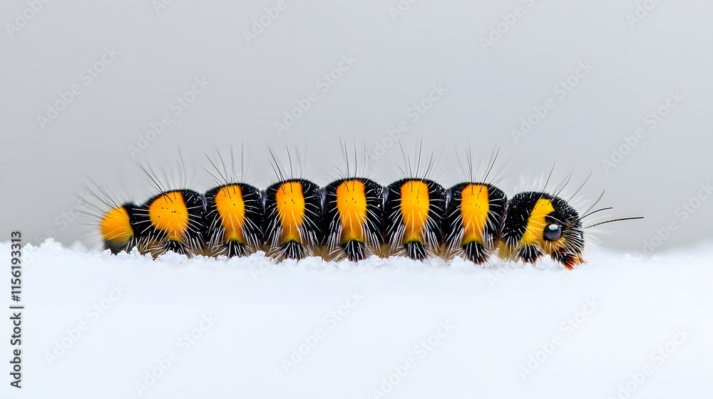 Fototapeta premium Black and orange hairy caterpillar on white background