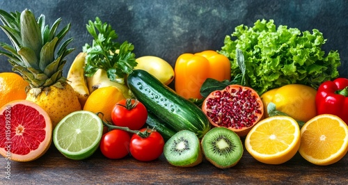 Fototapeta Naklejka Na Ścianę i Meble -  Vibrant assortment of fresh fruits and vegetables on a wooden surface.
