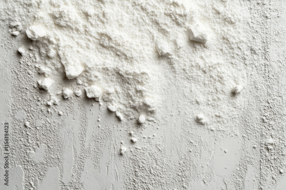 Fototapeta premium Pile of powder on white surface, spilled from container, with scattered particles around.