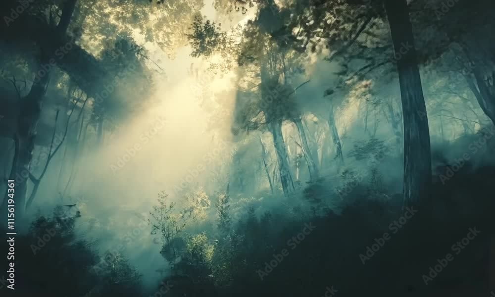 Enigmatic Forest Path: Sunlit Haze Through Deep Woods Enigmatic Forest Path: Sunlit Haze Through Deep Woods