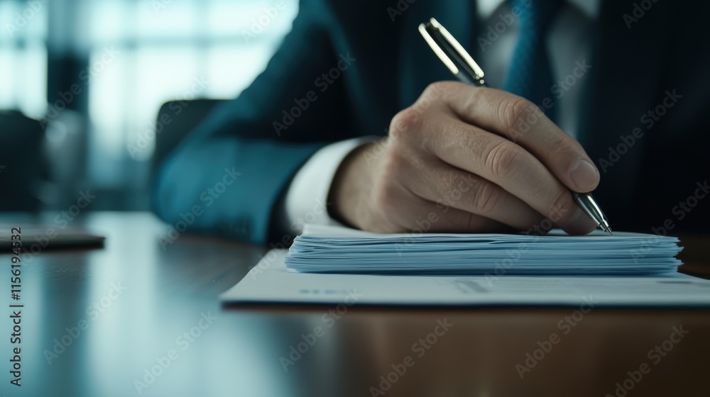 Obraz premium Business Professional in a Suit Signing Documents on a Desk with a Pen, Close-Up View Capturing the Essence of Corporate Responsibilities and Decision-Making