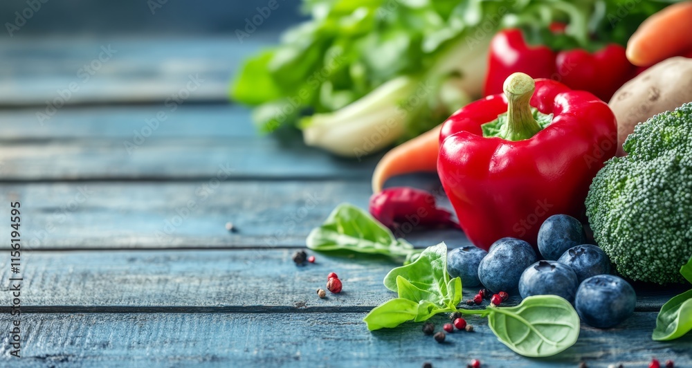 Fresh, colorful vegetables and blueberries on a rustic blue wooden table. Fresh, colorful vegetables and blueberries on a rustic blue wooden table.