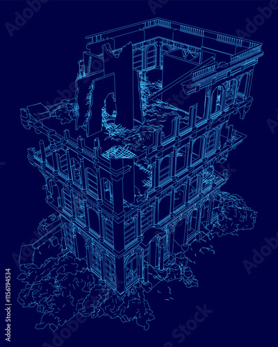 Blue drawing of a building with a lot of detail. The building appears to be in ruins, with a lot of debris and rubble. The blue color scheme gives the drawing a sense of depth