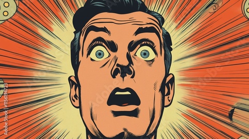 Close-up of a shocked man's face in a comic book style illustration, with radiating lines and swirling elements.