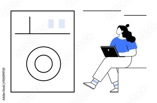 Woman with black hair in blue shirt holding black laptop while sitting next to a washing machine. Ideal for technology, remote work, homemaking, laundry, modern living, multitasking, smart devices