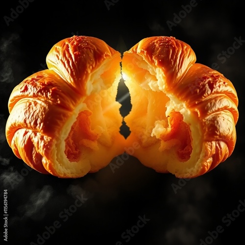 Split croissant, volumetric lighting, distinct sections, bold areas. photo