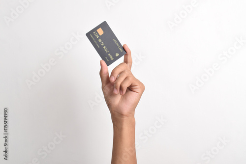 Wallpaper Mural Close up of hand with black credit card isolated on white background. Shopping, finance and people concept Torontodigital.ca