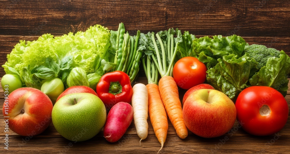 Fresh, colorful fruits and vegetables arranged on a wooden surface. Fresh, colorful fruits and vegetables arranged on a wooden surface.