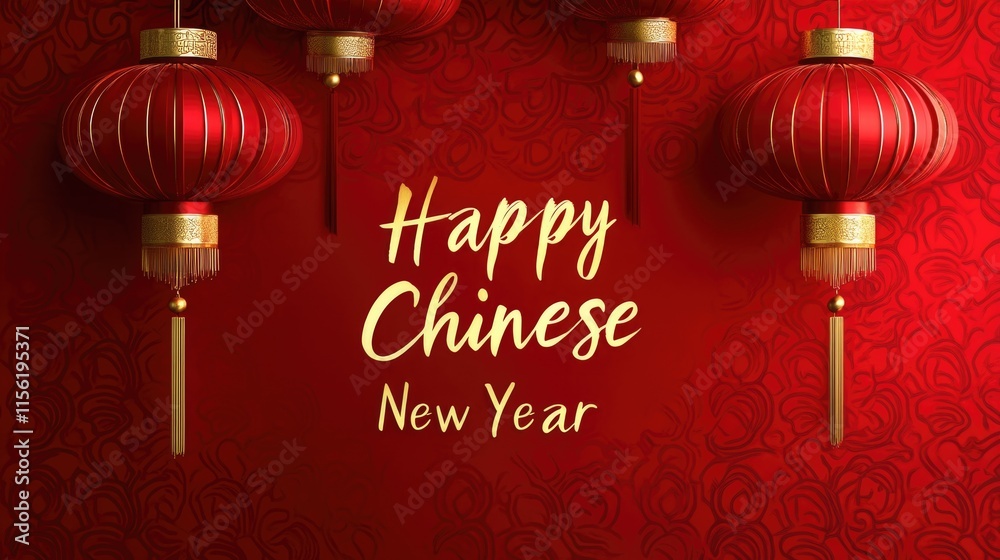 Naklejka premium Red lanterns and calligraphy for chinese new year celebration on rich patterned background Happy Chinese New Year