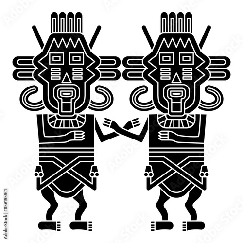 Symmetrical design with two stylized human figurines from Paracas. Twin heroes. Indigenous ethnic Native American design from ancient Peru. Black and white silhouette.