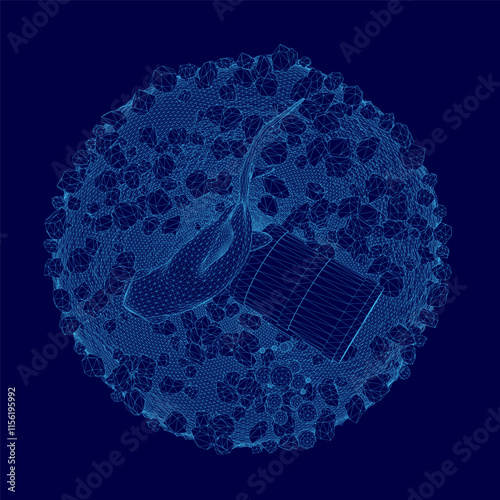 Blue image of a round object with a blue background. The image has a futuristic and abstract feel to it, Fish in an aquarium with a chest