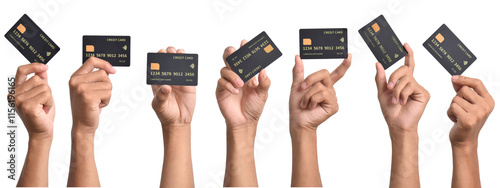 Obraz na plátně Set of Male hands with black credit cards on white background