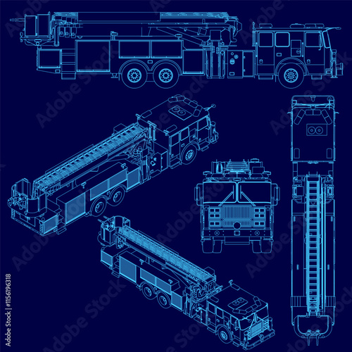 Blue drawing of a fire truck with a ladder on the front. The drawing is in black and is a close up of the truck