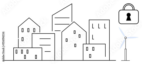 Collection of buildings, a wind turbine, and a lock symbolizing security. Ideal for urban development, smart cities, renewable energy, infrastructure planning, secure architecture, future cities