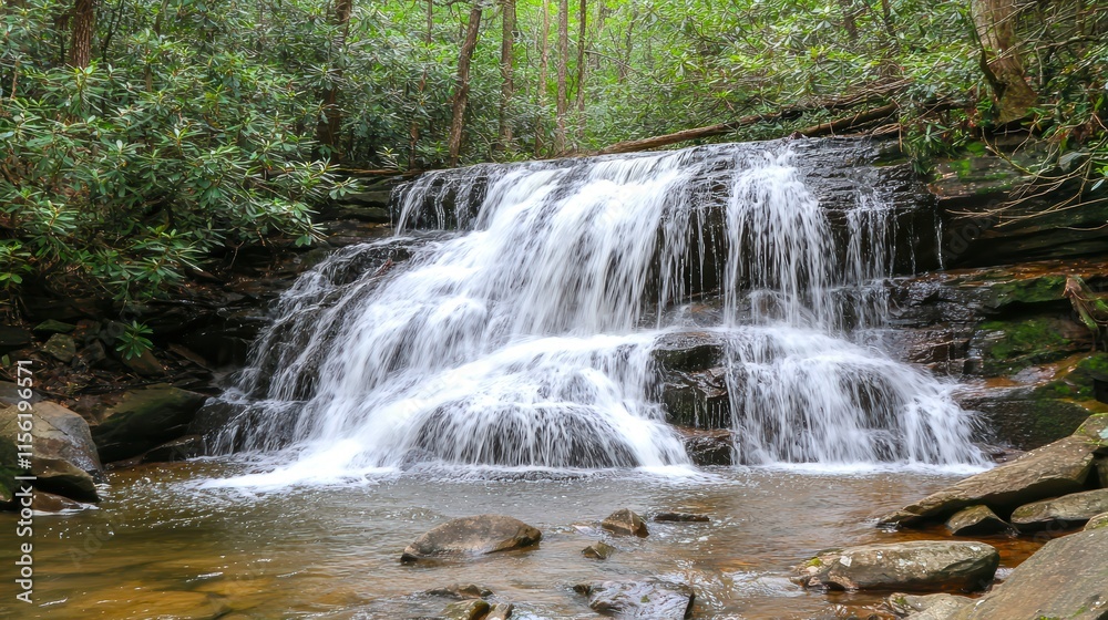 Fototapeta premium Serene Waterfall Flowing Through Lush Green Forest Landscape