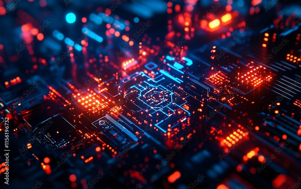Fototapeta premium Abstract digital circuit board with glowing red and blue lines, nodes, and connections.