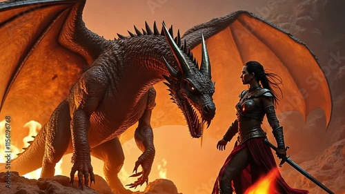 woman worrier and dragon in the fire photo