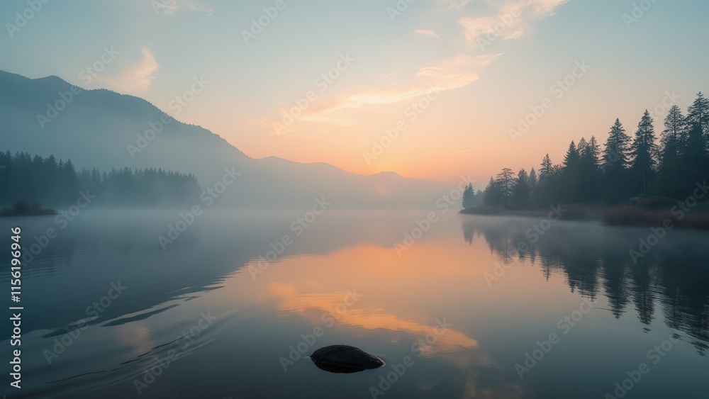 Fototapeta premium Misty Mountain Sunrise Serenity: Tranquil Lake Reflection