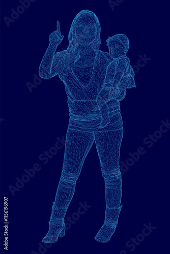 Woman is holding a child and pointing to the sky. The image has a futuristic and abstract feel to it
