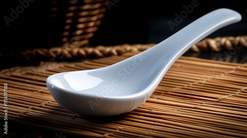 Elegant White Porcelain Soup Spoon on Bamboo Mat photo