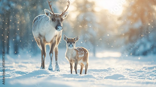 Cute family of deer in a serene forest during winter nature photography peaceful environment