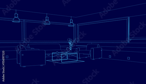 Blue room with a table and a vase. The room is empty and the vase is the only object in the room