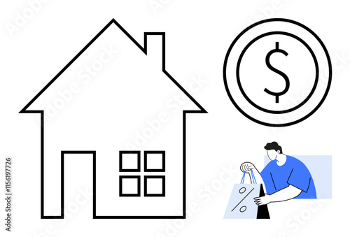 House outline, dollar sign in a circle, and person holding shopping bags. Ideal for real estate, finance, home buying, investment, savings shopping and economic themes. Line metaphor